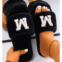 Personalized Slippers Women Custom Pearl Letter Decor Fluffy House Slippers Female Faux Fur Slides Open Toe Flat Shoes Hen Party