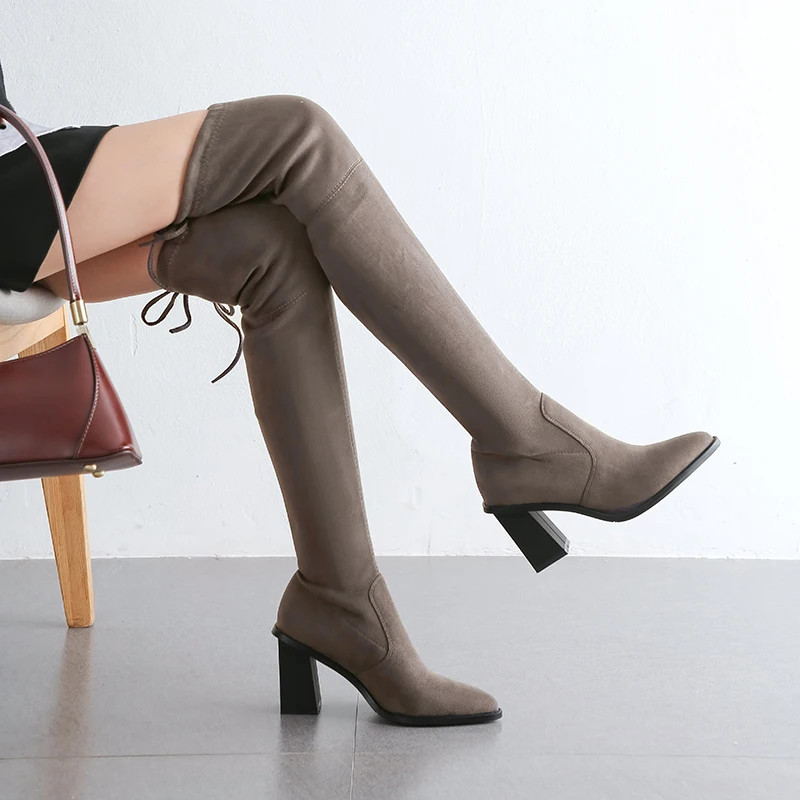 Lucyever Sexy Slim Elastic Flock Over The Knee Boots Women 2020 Autumn Winter High Heel Long Thigh Botas Mujer Big Size | Обувь