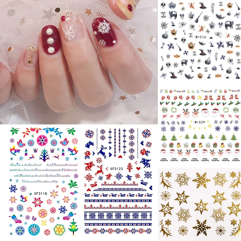 1 лист Рождество Хэллоуин Золотой Серебряный ноготь Водные Наклейки олень снег