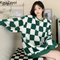 koijizayoi fleece women thicken loose hoodies plaid autumn winter fashion lady streetwear pullovers warm fuzzy sweatshirt korean