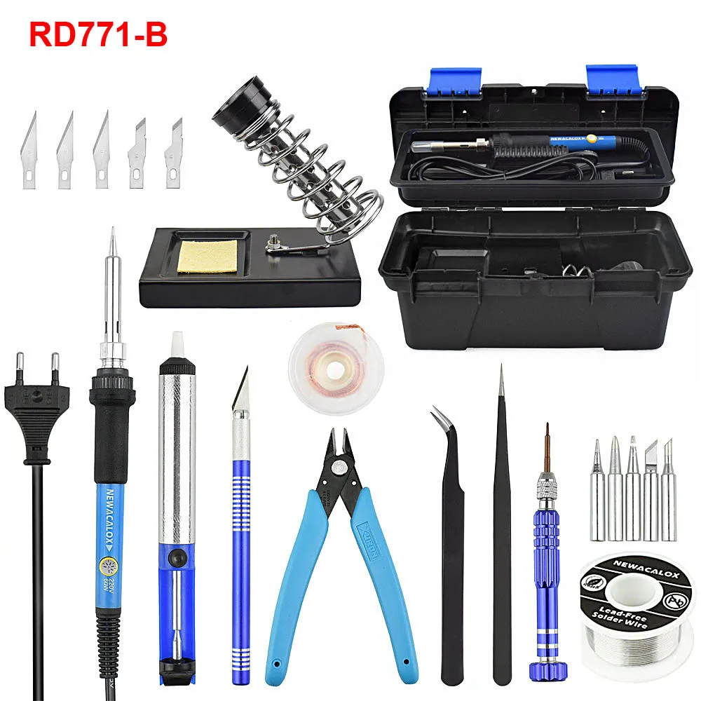 Blue Soldering Iron Электрический паяльник NEWACALOX EU/US 60 Вт с регулируемой температурой, набор сварочных паяльных станций, ремонтный набор инструментов с коробкой для инструментов - Цвет: Blue Soldering Iron