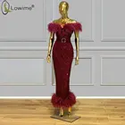Женское вечернее платье-Русалка Abendkleider, Бордовое платье с открытыми плечами, с перьями, длиной до щиколотки, для выпускного вечера
