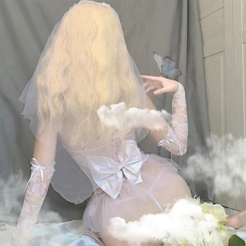 

Sexy Lingerie Transparent White Bra Fairy Wedding Dress Bridal Underwear Lace Mesh Sleepwear Uniform Cosplay Costumes