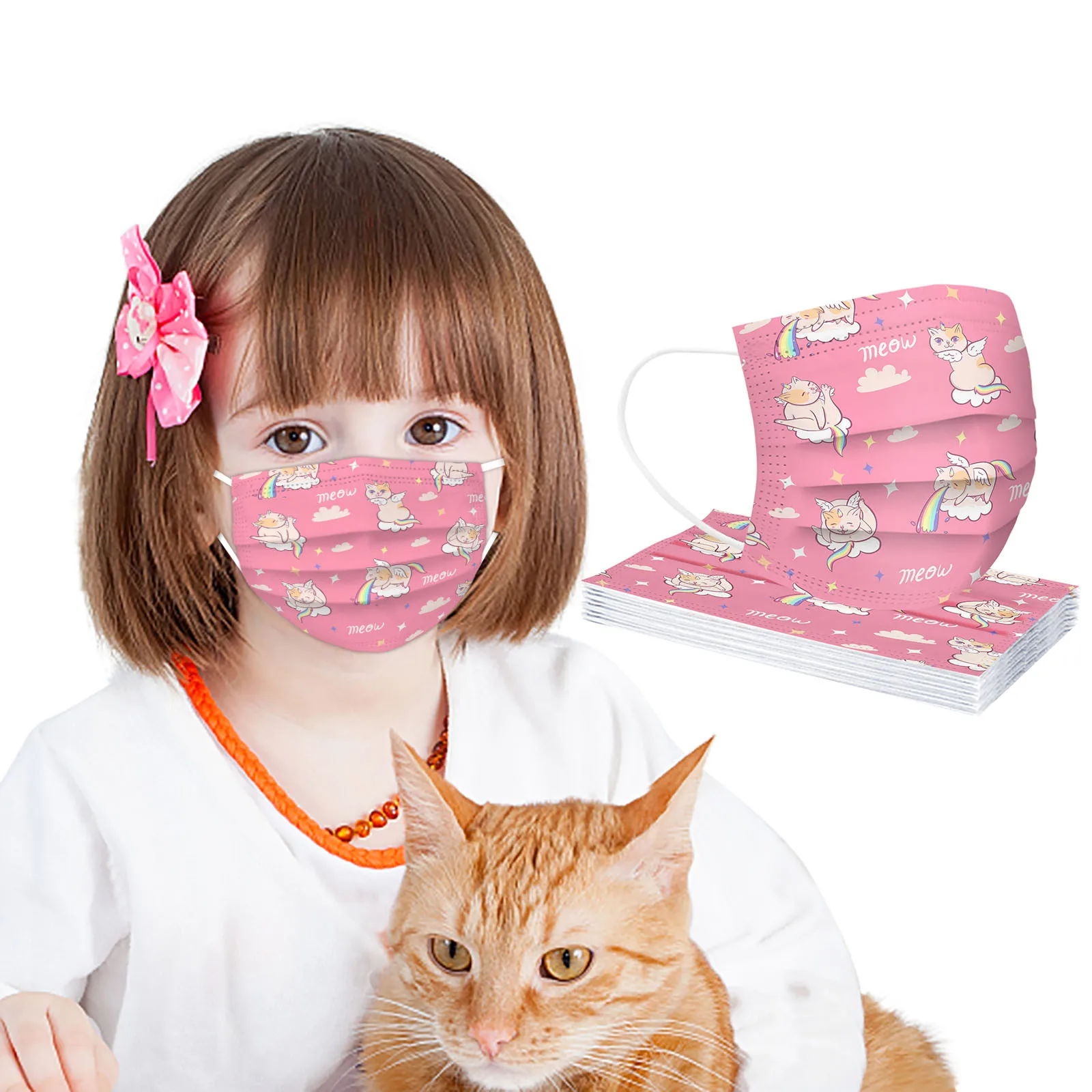 Детская маска для лица кошек одноразовая промышленная 3 слойная с петлями ушей и
