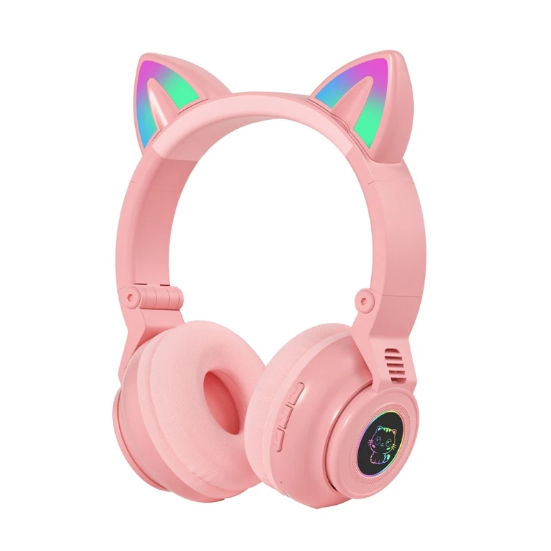 

C1FB Kids Headphones Cat Ear Bluetooth-compatible Headphones Volume Limiting LED Light Up Kids Cat Ears Children's Headset