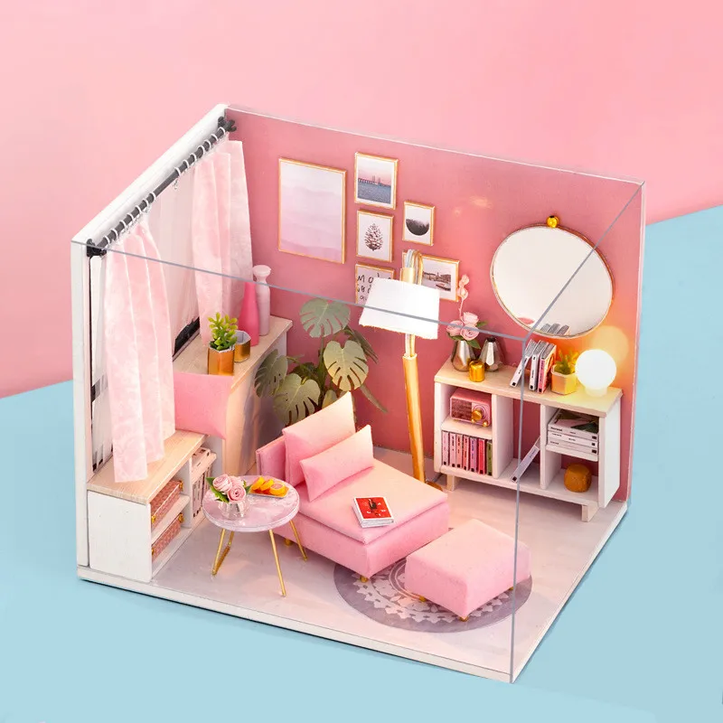 

LED pink living room doll house furniture diy dollhouse wood diy doll house miniature dollhouse furniture children home Toy gift