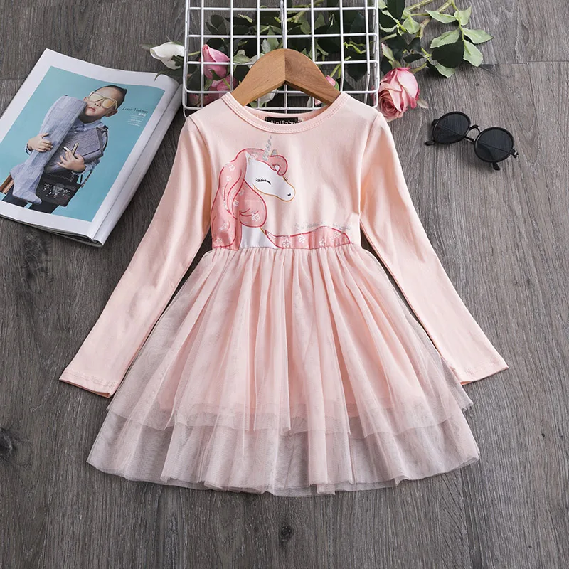 Pink Unicorn Girls Dress Winter Long Sleeves Casual Wear New Year Children's Clothing Daily School Home Clothes For 3-8Yrs | Детская