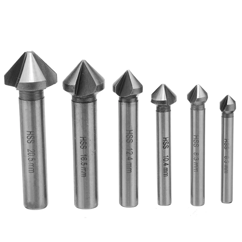 

6Pcs 3 Flute Round Shank 90 Degree HSS Countersink Deburring Tapered Drill Bits Tapered Drills For Cutting Volume Machining