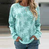 vintage coconut leaves print blouse women shirts autumn fashion round neck loose tops pullover winter casual long sleeve blusas