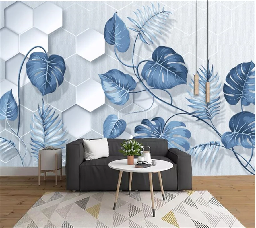 

wellyu Custom mural three-dimensional relief hand-painted blue fresh tropical plant leaves living room background wallpaper