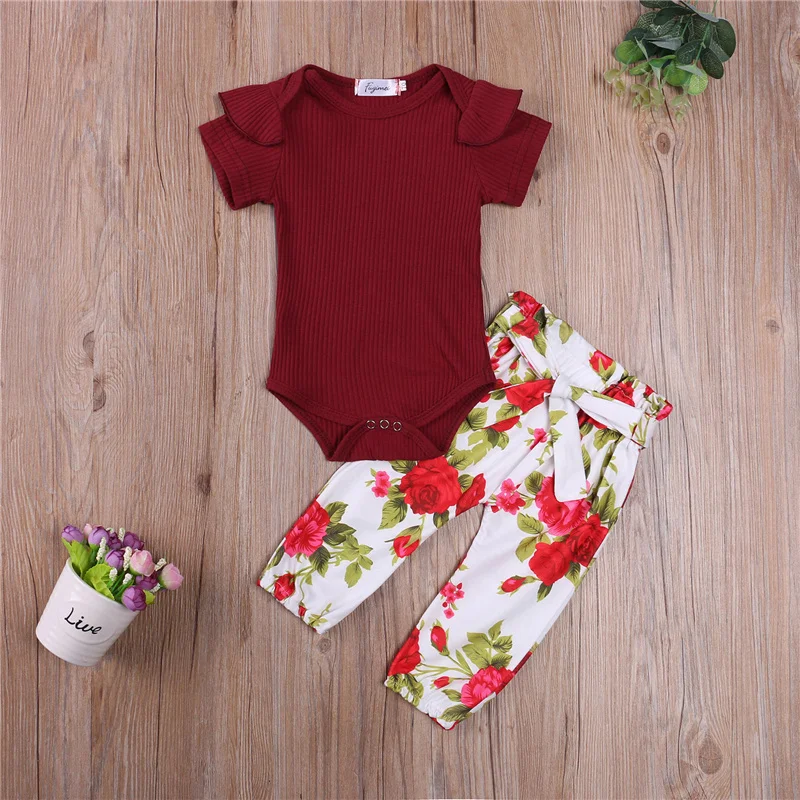 

Newborn Baby Girls Fashion Outfit Set 2-pieces solid color Short Sleeve Romper+Floral Print Pants Set