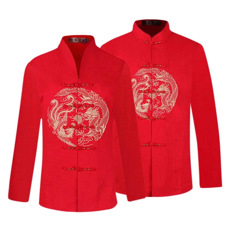Grandparents golden wedding birthday party couple Tang suit long-sleeved chinese top shirt red dragon and Phoenix clothes | Тематическая