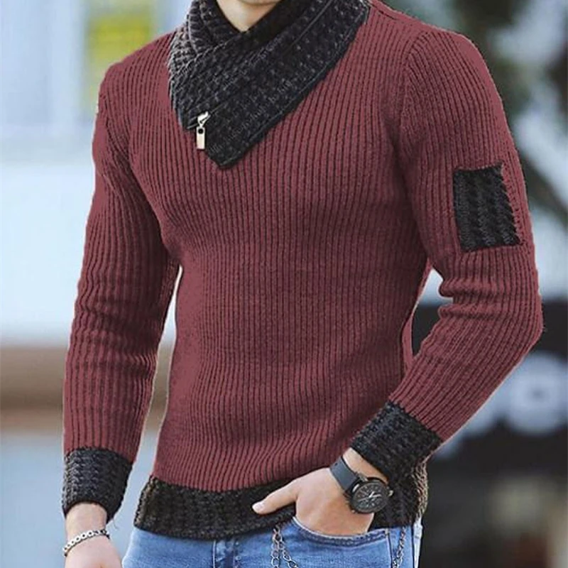 

Men's long sleeved sweater, casual thin knitted sweater, neckline scarf, color, Harajuku style, autumn