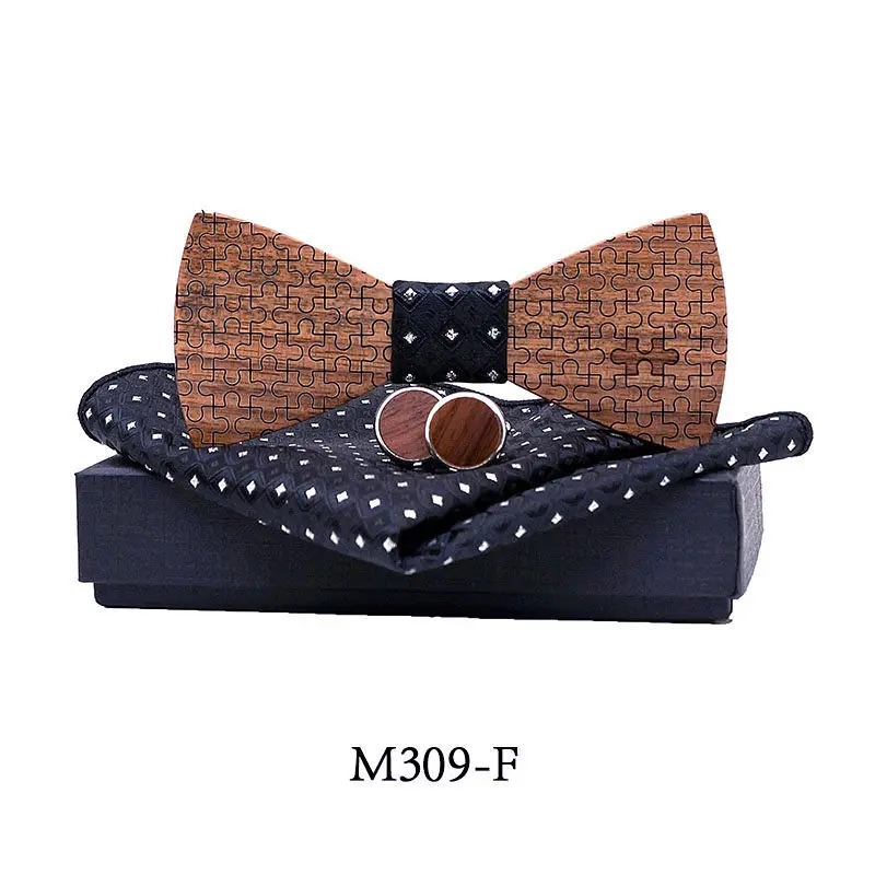 

2020 Mens Shirt Wooden Bow Tie Hanky Cufflinks Set for Wedding Casual Wood Bowtie Handkercheif Gravata Cravat with Box