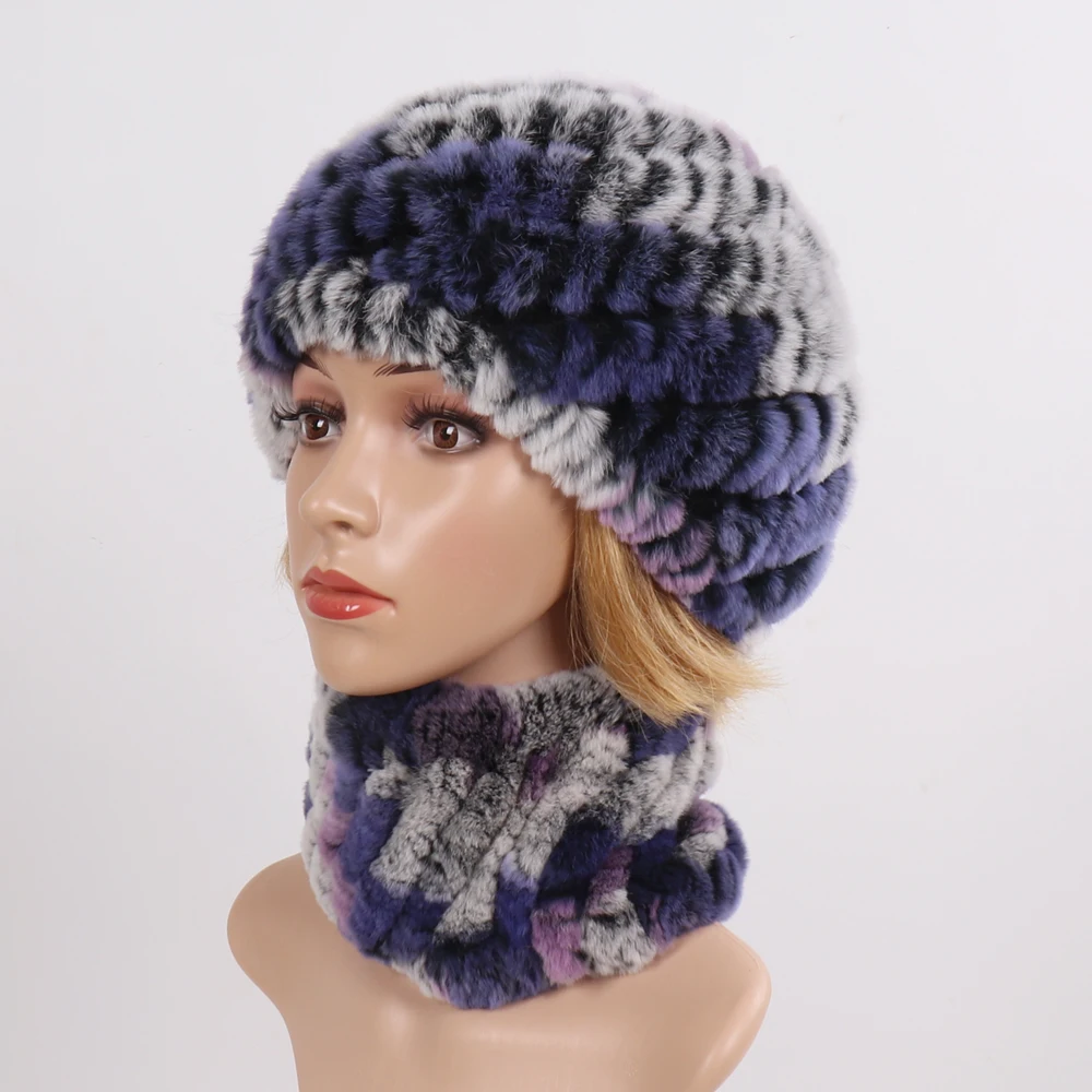 Новый Для женщин Настоящий мех кролика наборы шарф шапка натуральный енота