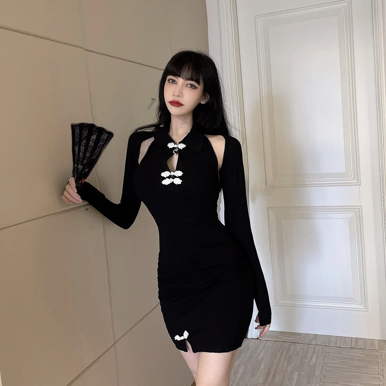 

French Retro Chinese Style Improved Waist Tight Hip Women's Flavor Sneaky Design Cheongsam Dress Two-piece Skirt