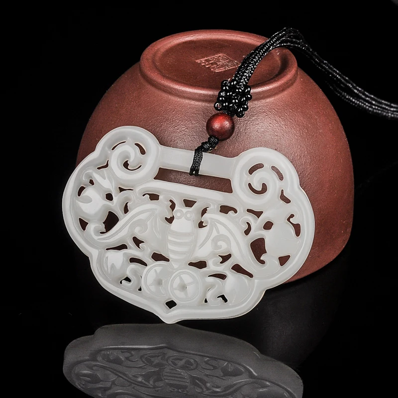 

China's Natural White Hetian Jade Hand-carved Ruyi Bat And Coin Pendant