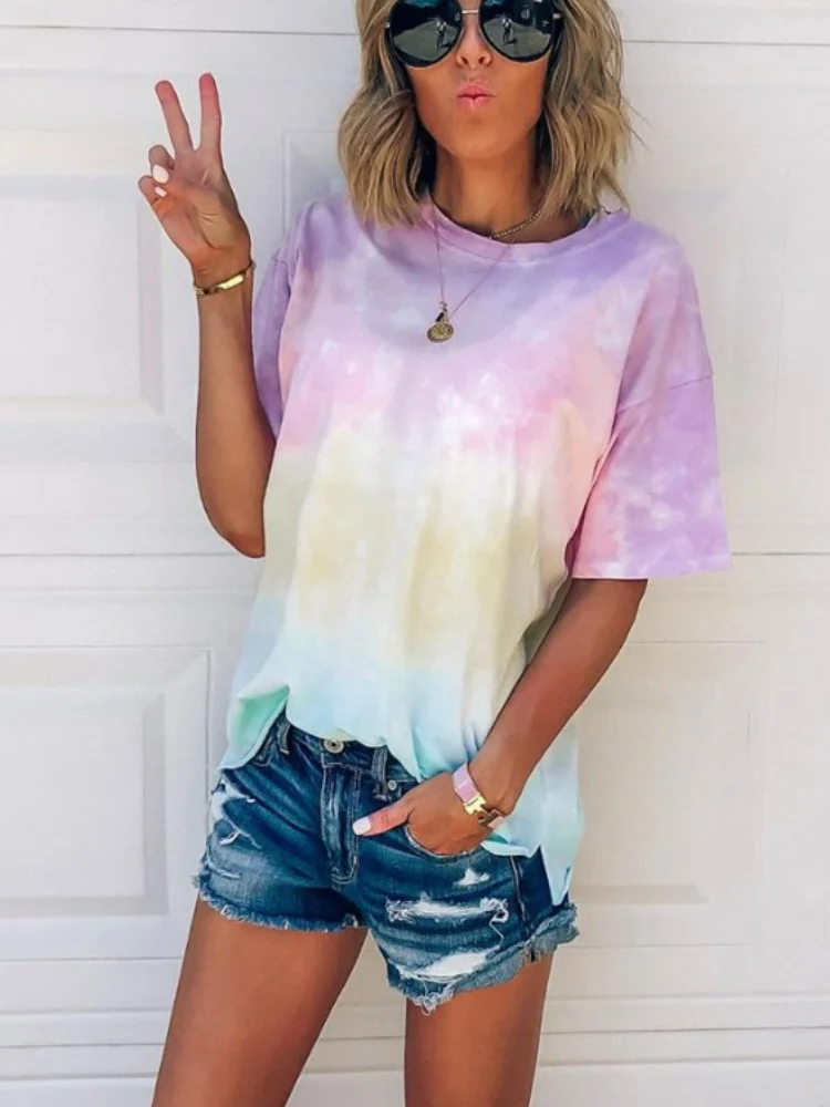 

Plus Size Women's Tie-Dye Gradient Printed Loose T-shirt Women's Top Y2k Aesthetic Graphic Tee Women Sexy Tops Tops