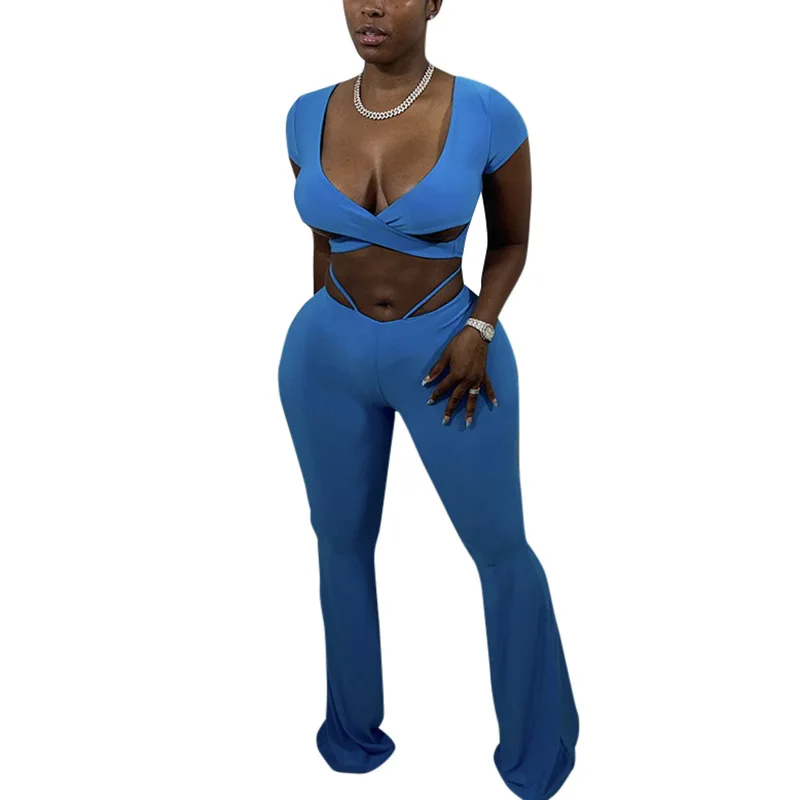 

Sexy Party Club Women's Sets Suit Summer 2021 Solid Color V-Neck Crop Top And Pants 2 Piece Set Vetement Femme Outfits