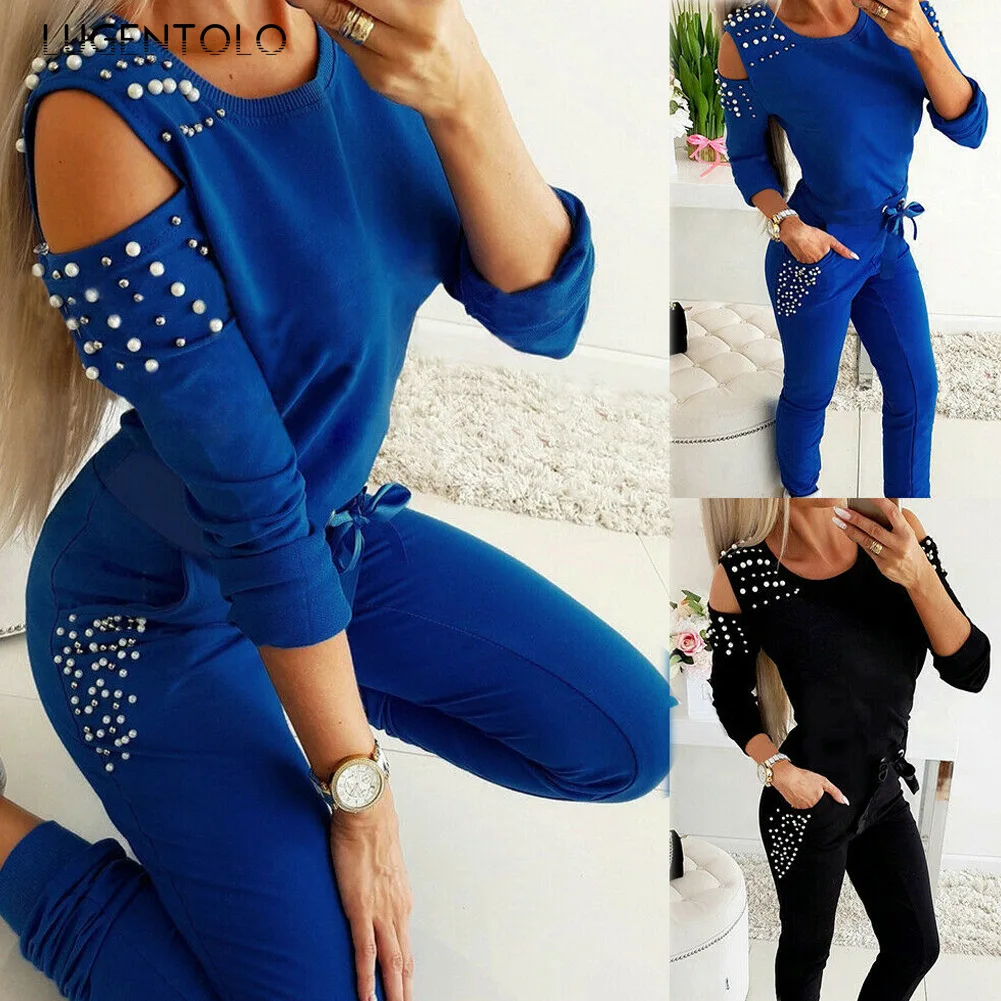 

Lugentolo Autumn Women's Two Piece Set Sexy Beaded Solid Color New O-Neck Long-Sleeve Slim Pocket Pants Lady Sport Casual Sets