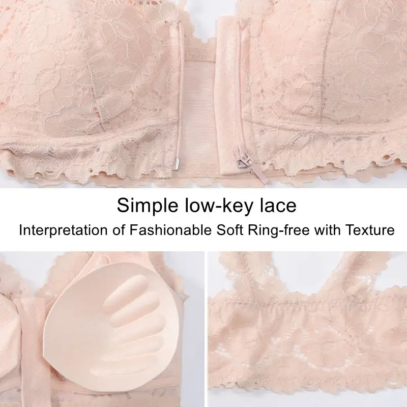 Lace Sexy Beautiful Back Underwear No Ring Front Buckle Zipper Bra Full Cup Large Collect Accessory Milk | Женская одежда