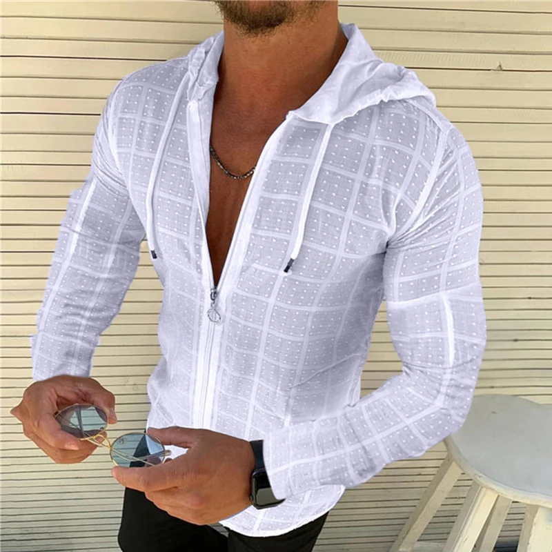 

Men's Hooded Grid Shirt Zipper Cardigan Casual Shirts Long Sleeve Men's clothing Hawaii Vacation Thin Jogging Shirt Tops