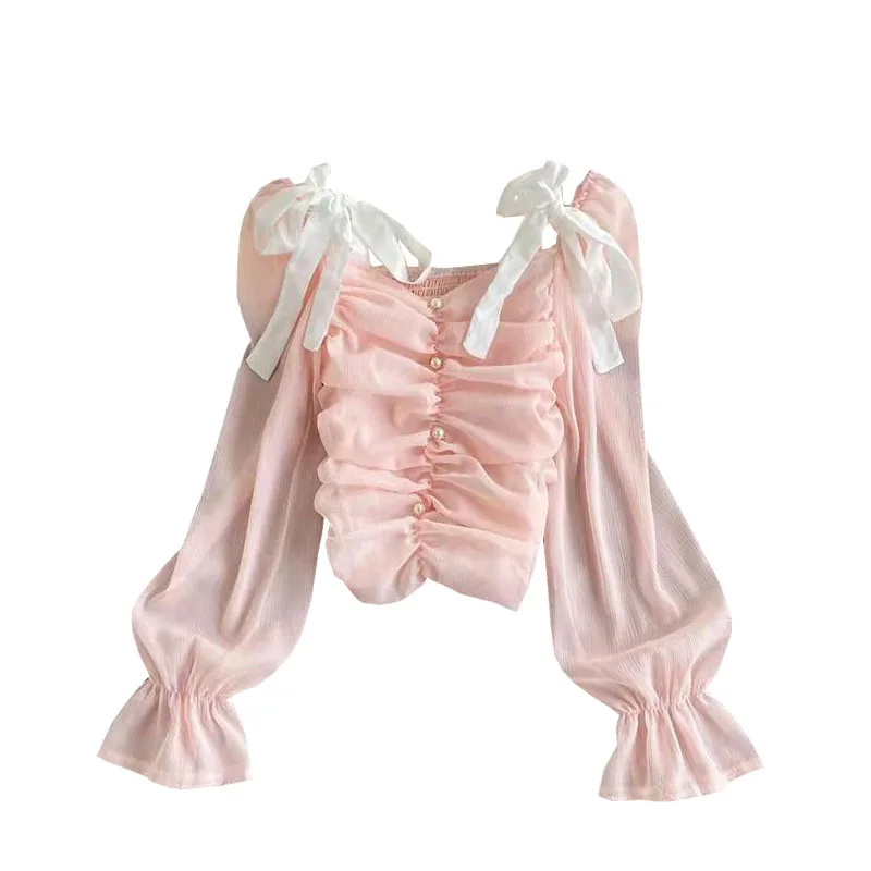 

Kimutomo New Women Elegant Puff Sleeve Casual Blouse Ladies Chic Square Collar Feminina Shirt Tops Spring Autumn 2021