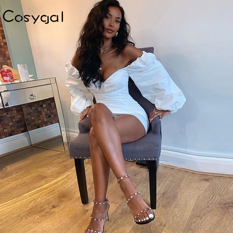COSYGAL 2019 модное облегающее белое Клубное платье с пышными рукавами женские