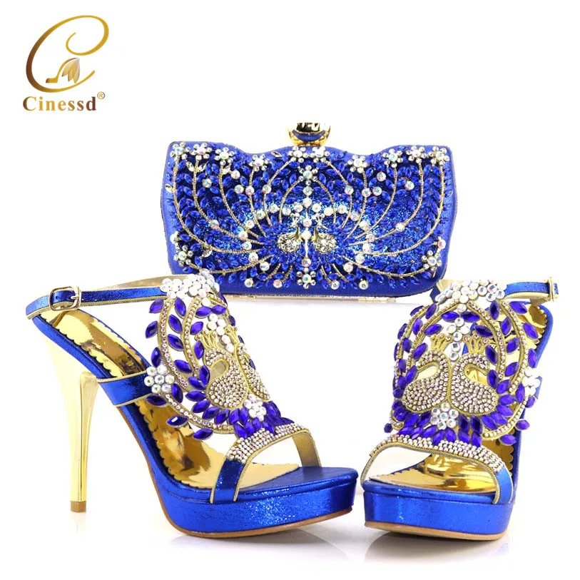 

2021 Latest Blue Color African Shoes With Matching Bags For Wedding Italian design Style Women Wedding Shoes And Handbag Set