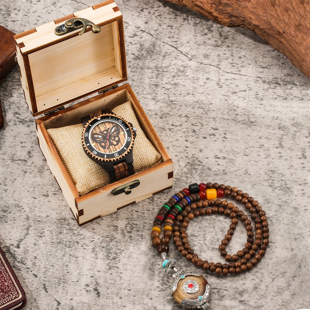 

Fashion Leisure Men's Wooden Quartz Watch Necklace Set Sandalwood Bamboo Three Beads Wristwatch