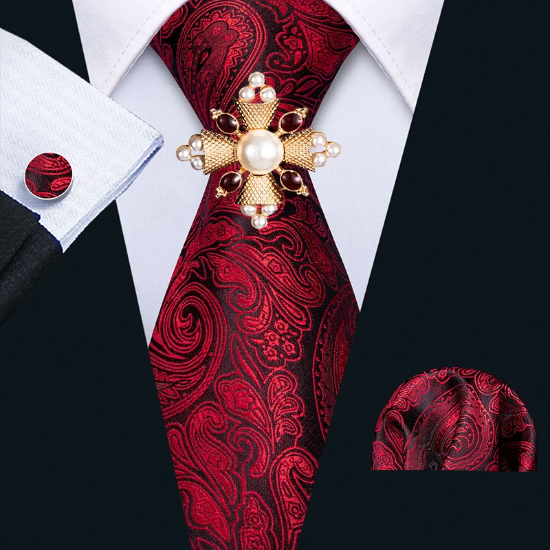 

New Fashion Mens Tie Red Paisley Jacquard Silk Tie Hanky Cufflinks Brooch Set Barry.Wang 8.5cm Designer Neckties Party Wedding
