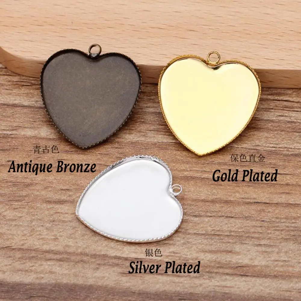 200pcs antique bronze silver gold plated 25mm heart shaped bezel blank pendant base cabochon settings