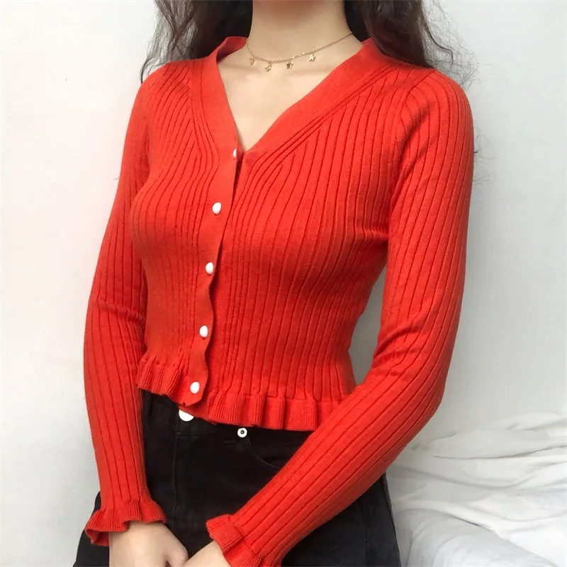 Women Deep V Neck Single Breasted Solid Sweater with Ruffle Trim Crop Cardigan |