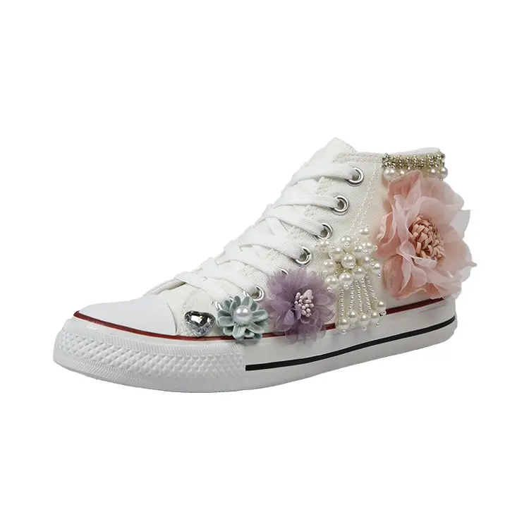 

Hot Women Sneakers Summer Canvas Shoes White Ribbon Strap Sew Colorful Flowers Pearl Diamond Ribbon Thick-soled Flat Students
