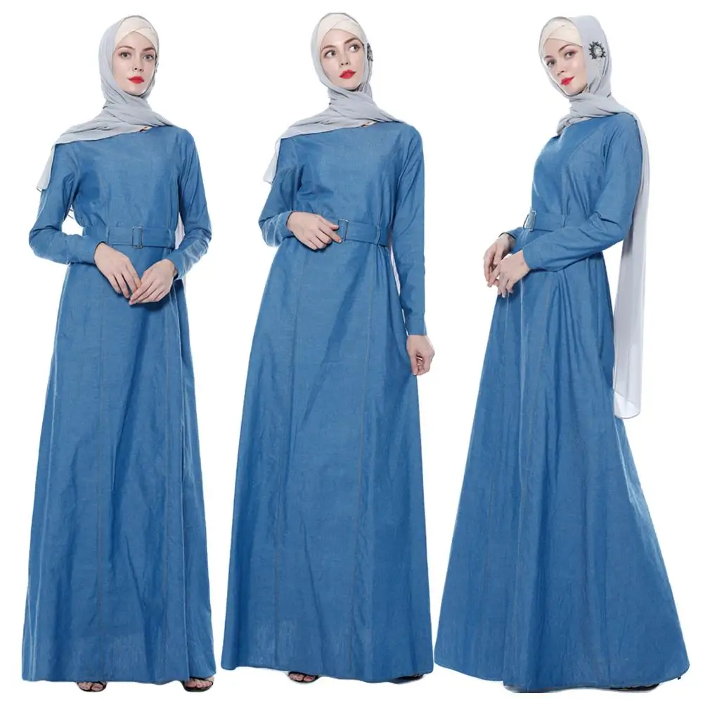 Женское длинное джинсовое платье-абайя, синее облегающее платье с поясом и длинными рукавами в мусульманском стиле, осень