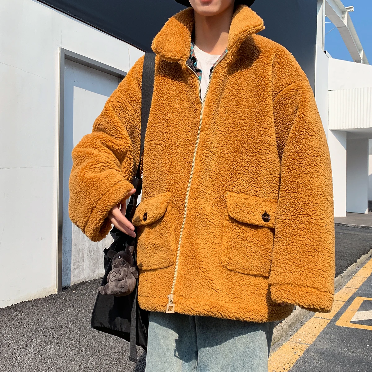 Winter Lamb Fur Jacket Men's Warm Thick Parka Men Fashion Solid Color Casual Coat Man Loose Cotton Jacket Male Clothes Overcoat - Цвет: yellow