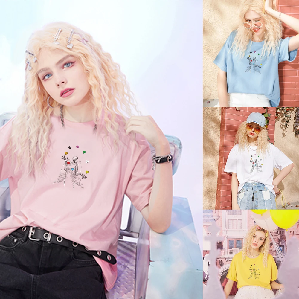 

cartoon pattern print T-shirt girl style 100% cotton much colour Top women's fashion Short-sleeve tees round neck tshirt