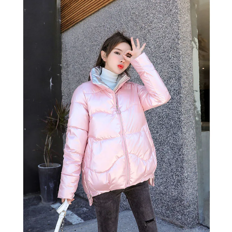 

Women Windproof Glossy Down Cotton Parkas 2021 New Fashion Youth Slim Stand Collar Casual Warm Autumn Winter Ladies Coat