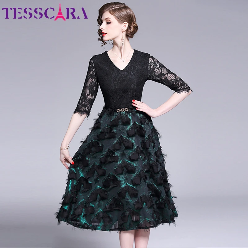 Женское осеннее элегантное Сетчатое платье TESSCARA с V образным вырезом женские