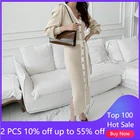 Осенне-зимнее женское длинное платье с V-образным вырезом, Элегантное однобортное вязаное платье с поясом и пышными рукавами, 3515 #