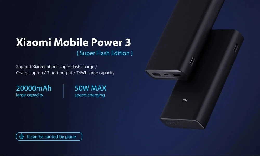 Xiaomi power Bank 3 Pro USB-C, двойной USB, 50 Вт, флэш-зарядка, 20000 мА/ч, внешняя мощность для iPhone 11 Pro, ноутбука, Xiaomi, huawei