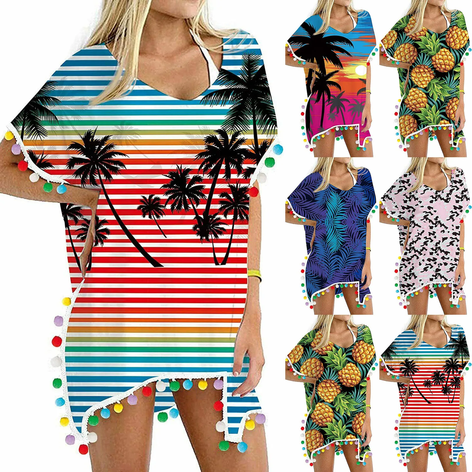 

Swimwear Women Chiffon Swimsuit Beach Bathing Suit Cover Ups Fashion Trim Kaftan Tassels Loose Bikini Cover Up Tops купальник Y4