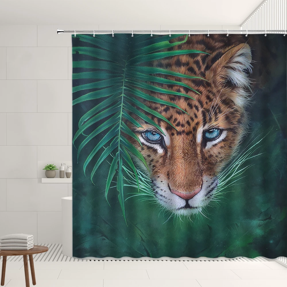 

Wild Animal Shower Curtain Set Ferocious Tiger Tropical Plant Monstera Green Leaves Ocean Scenery Bathroom Decor Bathtub Screens