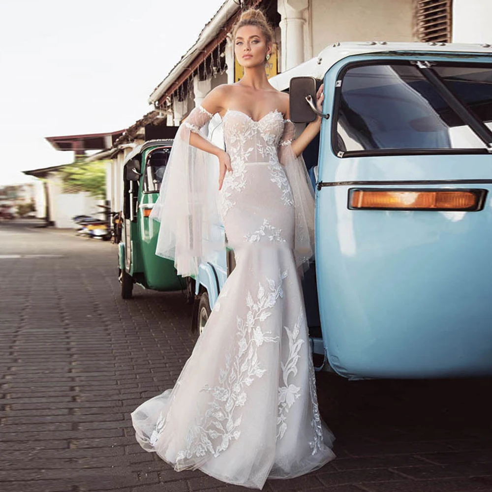 

Sexy Mermaid Wedding Dress Sweetheart Sleeveless Lace Appliques Zipper Sweep Train 2021 Bride Gowns Vestido De Noiva