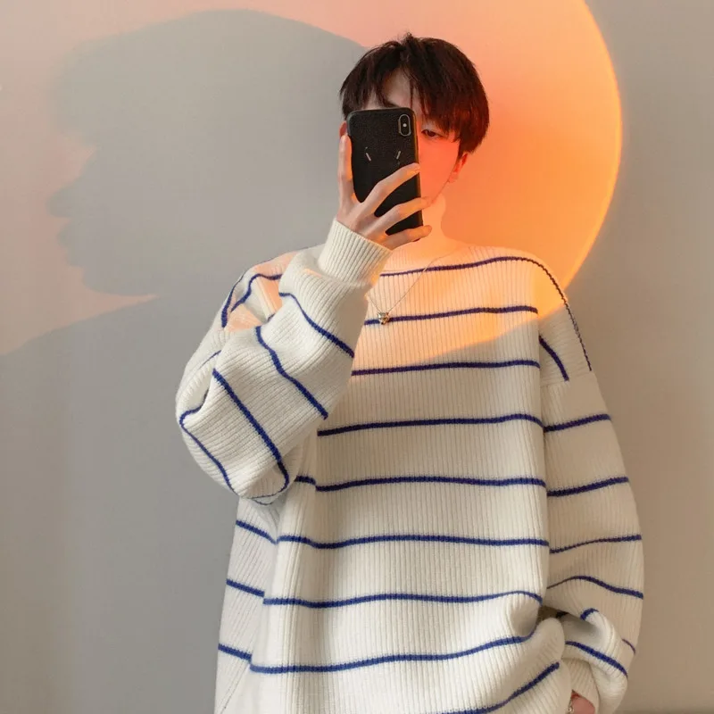 

Winter Turtleneck Sweater Men Warm Fashion Casual Knitted Pullover Men Korean Loose Striped Long-sleeved Sweater Mens Jumper