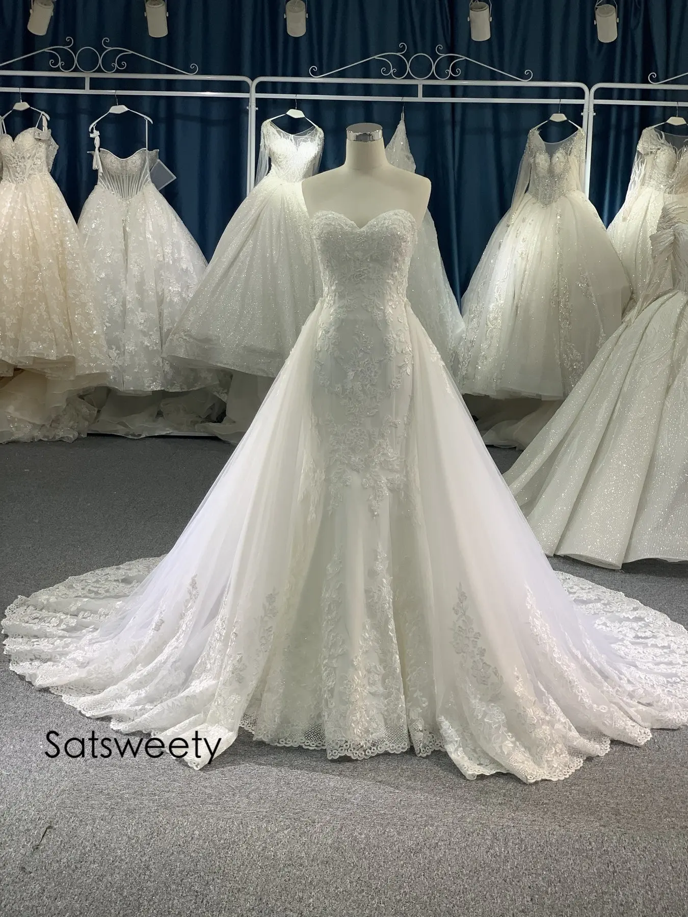 

Real Photos Beaded Wedding Dress 2021 Lace Mermaid Bridal Dresses Detachable OverSkirt Customized Vestido de Noivas