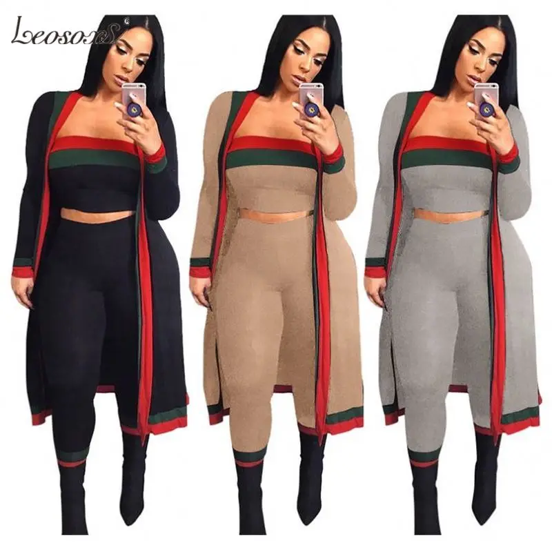 

3 Piece Set Women Roupas Feminina 2020 Striped Patchwork Wrap Chest Long Coat Fashion Tight Sexy Womens Clothing Sets 3 Pieces