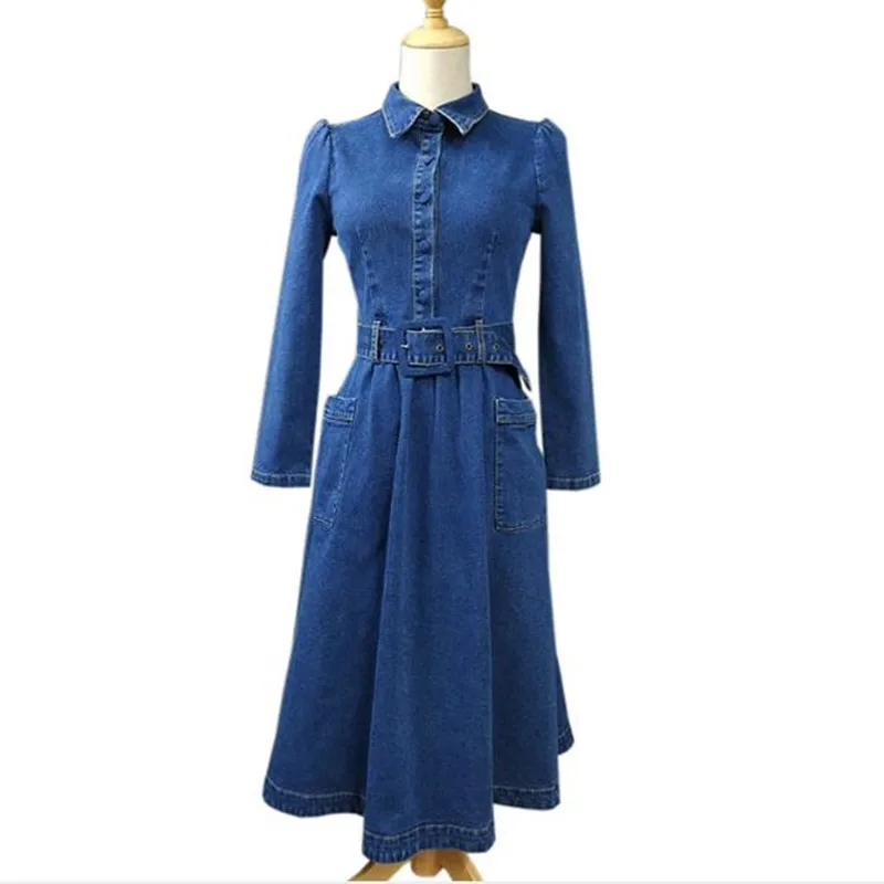 Платье женское джинсовое с поясом повседневное облегающее однотонное