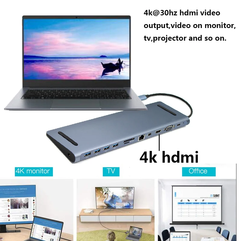 USB C концентратор типа 12 в 1 3 0 HDMI 4K RJ45 адаптер Micro SD TF кардридер Type-c PD порт Ethernet сеть