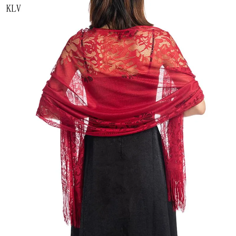 Бургундия 185x63 см, женский шарф 1920 s, Ажурные вязаные крючком цветочные кружева, бахрома, кисточки, свадебная накидка, вечерняя винтажная шаль - Цвет: Бургундия